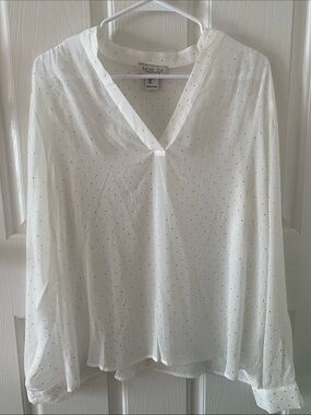 Rachel Zoe Sheer White V-Neck Blouse with Subtle Dot Print